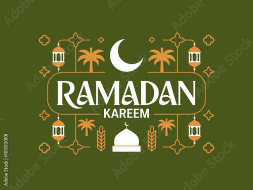 A festive and elegant graphic greeting for Ramadan Kareem, featuring design elements such as lanterns, crescent moon, and palm trees to evoke a sense of spirituality and celebration.