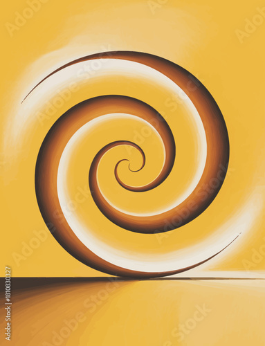 This image features a dynamic swirling spiral design set against a bright yellow background, showcasing harmony between form and color for an energetic visual impact.