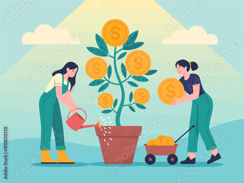 Two women nurturing a money tree, signifying financial growth and prosperity, using a watering can and carrying coins, emphasizing investment and hard work through vibrant colors.