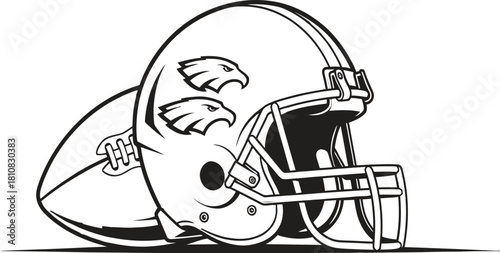 Black and white outline illustration of an american football helmet with eagle head logos and a football