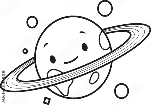 A charming and cute cartoon illustration of the planet saturn with a happy smiling face, featuring its distinctive rings and surrounded by small celestial elements