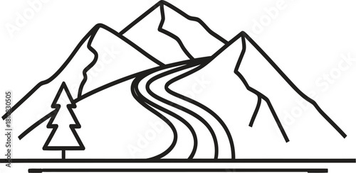 Line art illustration of majestic mountains with a winding river or road and a solitary pine tree, evoking nature, adventure, and tranquil landscapes, ideal for outdoorthemed designs
