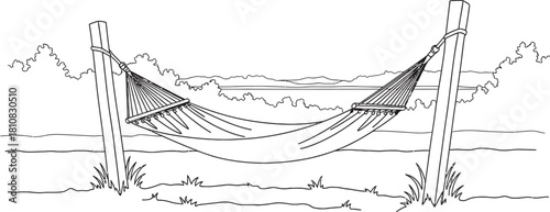 Outline drawing of a comfortable fabric hammock suspended between two wooden posts, set against a serene outdoor landscape with distant trees and water