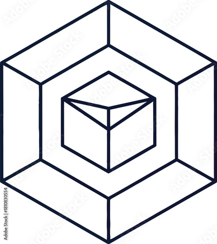 Abstract geometric design featuring a nested series of hexagonal and cubic shapes, creating an optical illusion of depth and dimension in a minimalist line art style