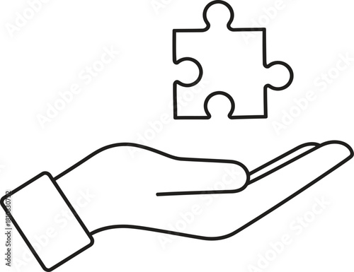 Open hand presenting a single puzzle piece, symbolizing problemsolving, finding a solution, offering help, completing a task, or a missing element