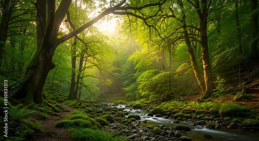 Naklejka premium Enchanting Forest Stream Bathed in Golden Morning Light with Lush Green Moss and Ancient Trees