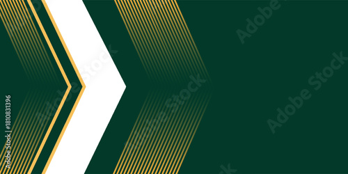 Modern abstract background with dark green, white, and gold geometric chevron shapes and fine lines pointing right.