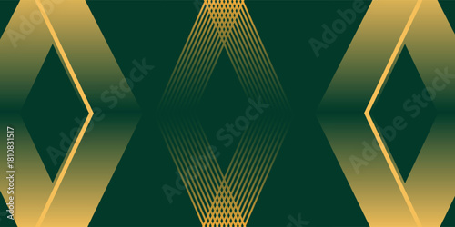 Elegant abstract background with symmetrical gold geometric shapes and lines on a dark green backdrop.