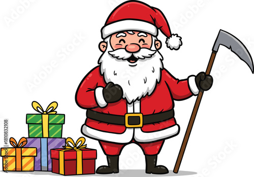 Cartoon Santa Claus holding scythe with colorful Christmas gifts, festive character design, humorous holiday twist, cheerful winter celebration illustration