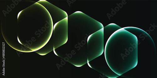 Abstract background with glowing translucent geometric shapes transitioning from green to cyan.