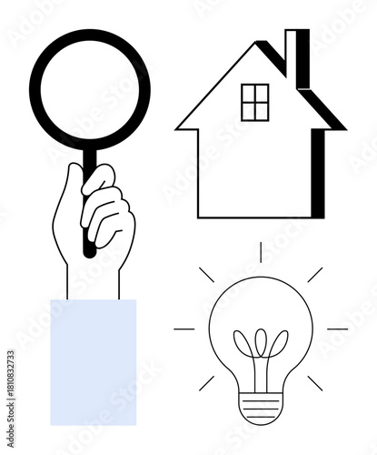 Hand holding magnifying glass examining details, house representing real estate, glowing light bulb for creativity. Ideal for research, innovation, real estate, inspection, problem-solving