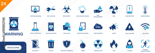 Warning icon. Including danger, nuclear waste, biohazard, alert, data leak. Solid vector icon set.