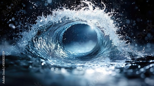 Fototapeta Naklejka Na Ścianę i Meble -  A powerful ocean wave curls and breaks, forming a tunnel of water with spray and droplets against a dark, moody background.