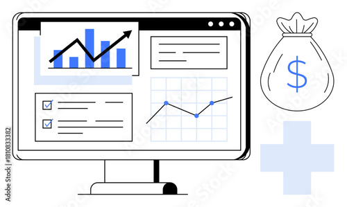 Computer screen displaying charts, graphs, and data insights money bag and medical cross emphasize finance, healthcare, and strategy. Ideal for business, planning, analytics, growth economy
