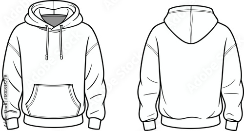 Oversized hoodie technical drawing flat sketch, blank sweatshirt vector illustration template, front and back view for apparel design mockups.