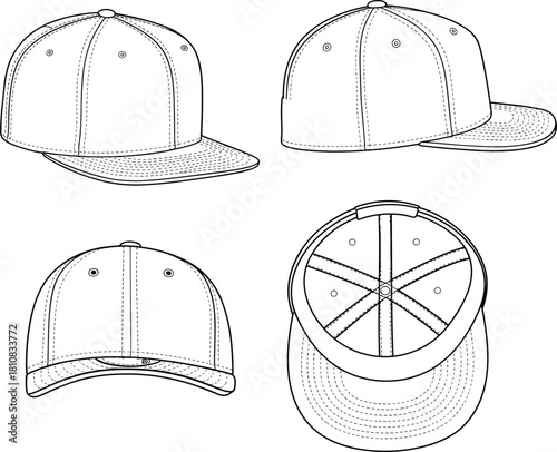 Snapback baseball cap vector technical drawing, fashion flat sketch, headwear mockup, clothing design template, black and white outline illustration, cad drawing flat vector.