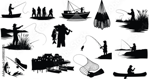 Fishing silhouette collection including fishermen on boats, pulling nets, catching fish with rods, and coastal village scenery vector set.