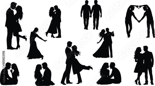 Romantic couples silhouette collection featuring lovers kissing, dancing, sitting together, wedding poses and same sex partners vector set.