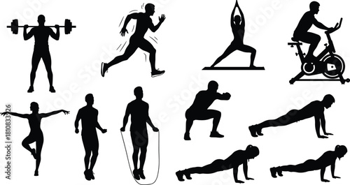 Fitness workout silhouettes set including weightlifting man, runner, stationary bike, yoga poses, rope jumping and pushup exercises vector illustration.