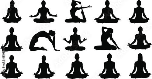 Collection of yoga silhouettes featuring women practicing meditation poses, lotus position, stretching exercises and spiritual wellness balance vector illustration set.