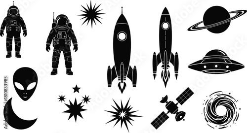 Space silhouette collection featuring astronaut suits, rocket ships, alien head, saturn planet, ufo saucer and satellite vector illustration set.