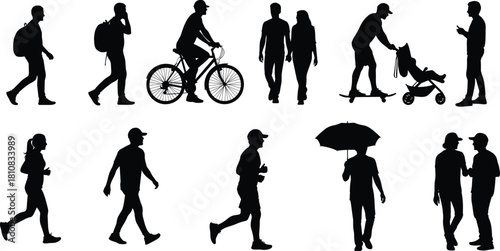 Urban people silhouettes collection featuring walking men, running woman, cyclist, skateboarding dad with stroller, and couple holding hands vector.