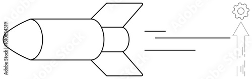 Rocket launching forward with motion lines alongside gear and upward arrow. Ideal for innovation, growth, progress, technology, strategy, engineering, success. Clean simple flat metaphor