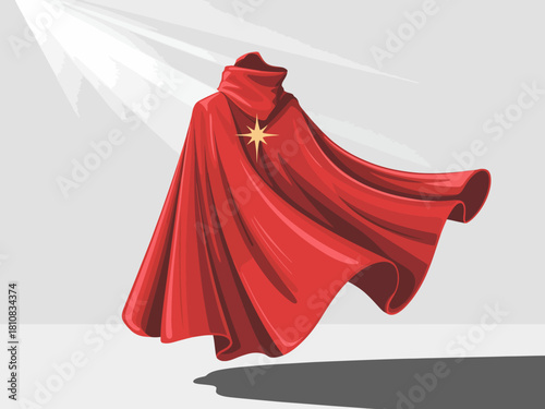 This captivating image features a flowing red cloak highlighted by a star, symbolizing heroism and power, suitable for fantasy and superhero-themed artworks.