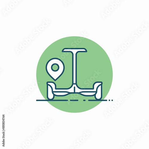 This image illustrates a sleek hoverboard design alongside a location pin, representing modern transportation and mobility in urban environments with a trendy aesthetic.