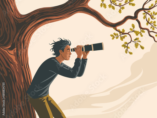 In this captivating image, a person is perched on a tree branch, using a telescope to explore the world around them, symbolizing curiosity, discovery, and adventure in nature.