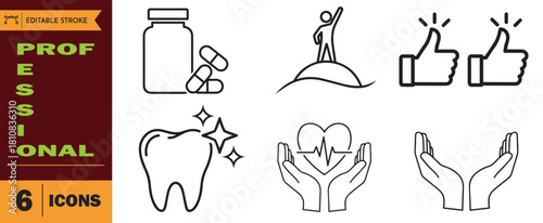 Set of six professional line icons representing health, success, dental care, medicine, approval, and support