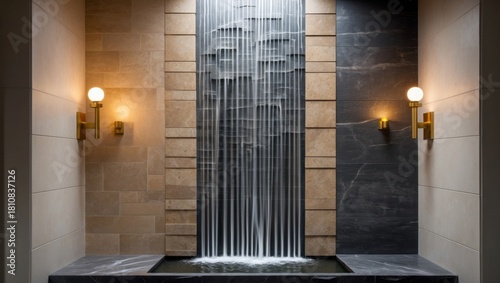 Serene indoor water fountain with flowing water, illuminated by wall sconces in a tranquil setting