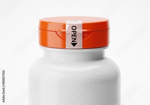 Close up of white supplement bottle with orange cap and tamper evident security seal.