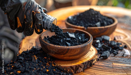 Fototapeta Naklejka Na Ścianę i Meble -  Brown wood market spice cooking ingredients with coffee beans, oil and vinegar, and sugar in nature