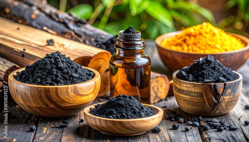 Fototapeta Naklejka Na Ścianę i Meble -  Brown wood market spice cooking ingredients with coffee beans, oil and vinegar, and sugar in nature