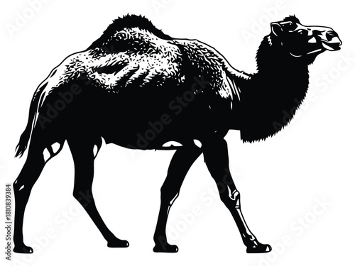 A striking black and white silhouette of a dromedary camel walks gracefully across a bright white background