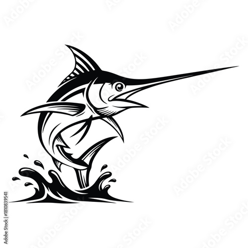 Black and white vector illustration of a marlin jumping out of the water in a dynamic and stylized design