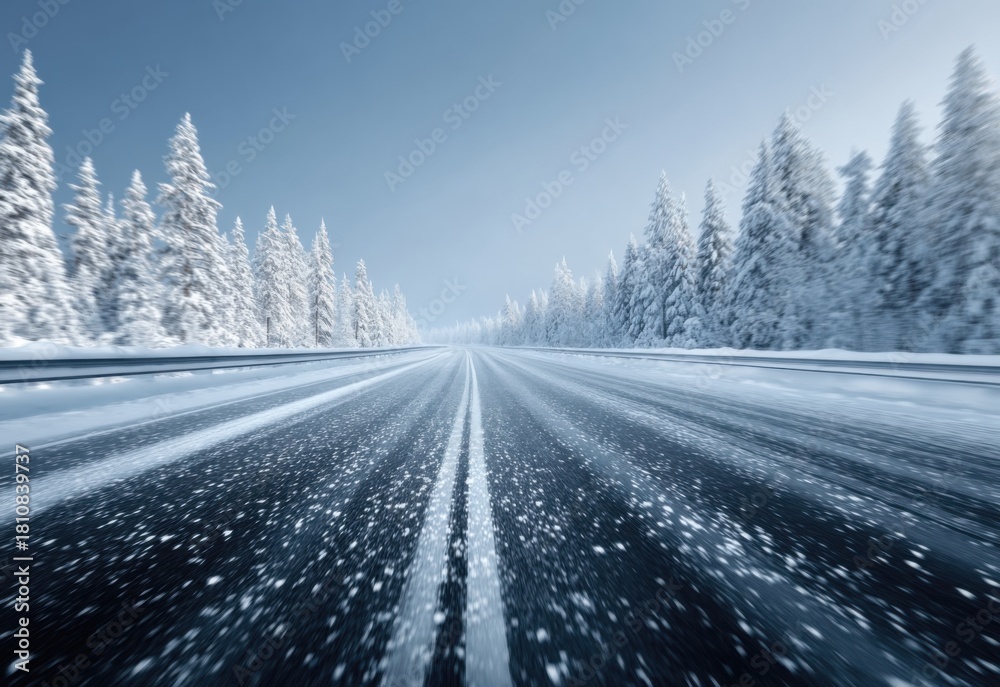 Obraz premium Snow covered winter road with gentle snowfall leading through snow capped pine trees forest landscape