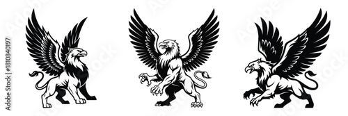 Three majestic griffins stand powerfully with their wings spread in a bold black and white vector illustration