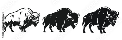 Three stylized bison stand side by side in a graphic black and white illustration for use in logo design or wildlife projects