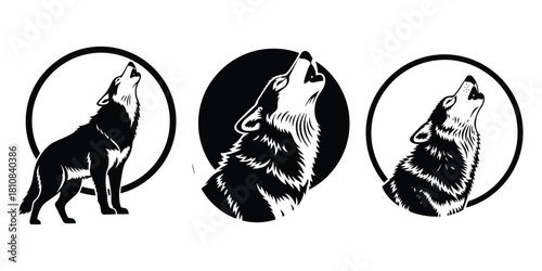 Three stylized wolf silhouettes howl at the moon in a bold graphic design perfect for branding or logo creation
