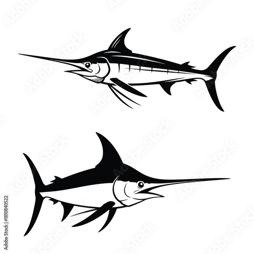 Two black and white marlin fish vector illustrations swim in opposite directions on a clean white background
