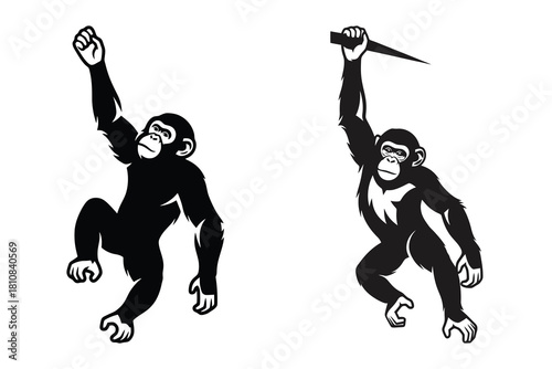 Two chimpanzees in black silhouette are swinging one holding a stick against a white background