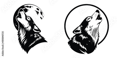 Two graphic black and white wolf illustrations depicting howling wolves one with a moon background and the other with a circle