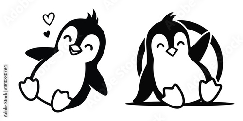 Two cute penguin illustrations in black and white showcasing adorable cartoon animals perfect for children's designs