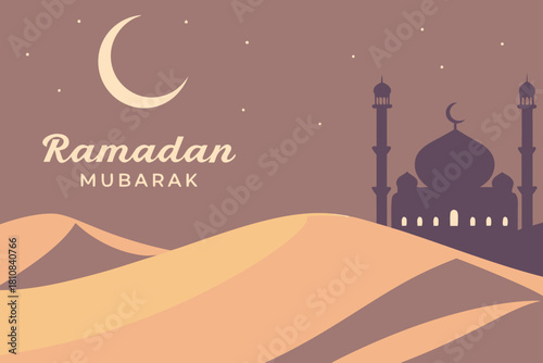 twilight desert landscape, glowing “Ramadan Mubarak” text above dunes, warm crescent moon light, soft sand shadows, premium vector realism