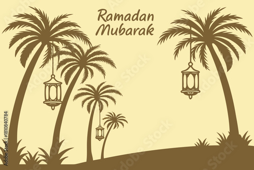 palm grove with hanging lanterns, bright gold Ramadan Mubarak text floating above, warm shadows, natural vector lighting