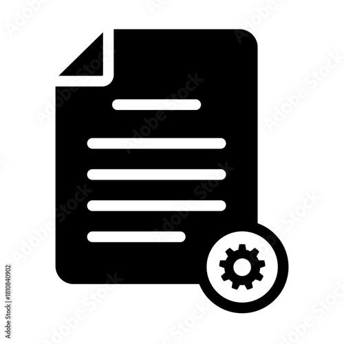 Solid vector icon of file update. A document requiring configuration, settings change, or maintenance. Gear glyph on a digital paper graphic for system or customization interface.