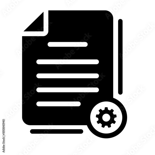Solid vector icon of file update. A document requiring configuration, settings change, or maintenance. Gear glyph on a digital paper graphic for system or customization interface.