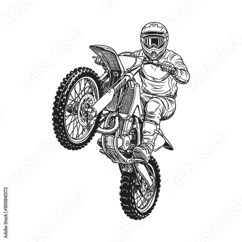 Detailed Hand Drawn Motocross Rider Doing Wheelie Sport Illustration